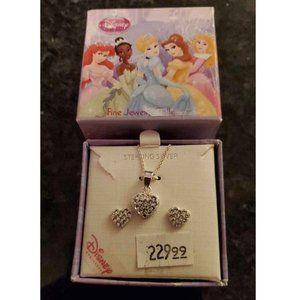 Disney Princess Collection Hammered Sterling Silver Earrings &Necklace Set NWT